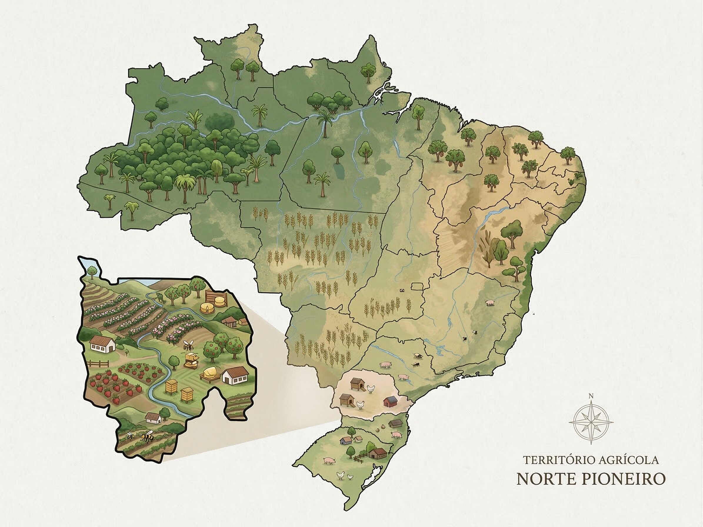 Mapa ilustrado do Norte Pioneiro do Paraná — território de origem