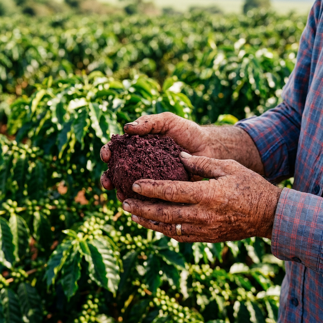 Mãos segurando terra roxa do Norte Pioneiro — solo basáltico rico em minerais